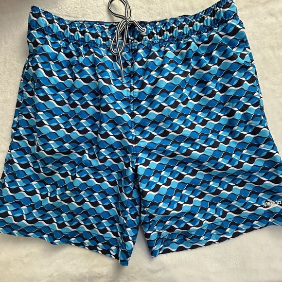 Speedo Mens Blue Wave Pattern Swim Trunks Shorts XL Mesh Lining Drawstring Waist - Picture 1 of 10
